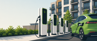 a car charging outside of an apartment building