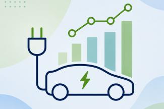 outline of an electric car with a plug over a  chart in the background